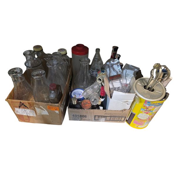 2 Boxes and 1 Tin of Vintage Glass Bottles and Household Goods