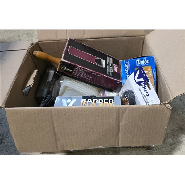 Box of Assorted Household Goods - Vintage Razor, Wood Rolling Pin, New Electronics Cables, and more