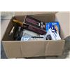 Image 1 : Box of Assorted Household Goods - Vintage Razor, Wood Rolling Pin, New Electronics Cables, and more