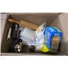 Image 3 : Box of Assorted Household Goods - Vintage Razor, Wood Rolling Pin, New Electronics Cables, and more