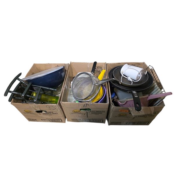 3 Boxes of Assorted Kitchen Gadgets and Pots - Preowned