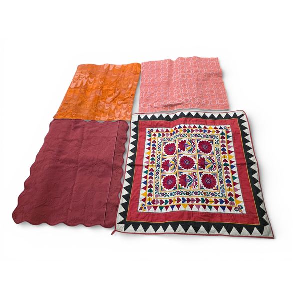 Vintage Handmade Embroidered Tapestry Wall Hanging (32" x 32") and 4 Other Textiles