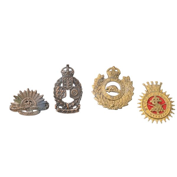 Group of 4 Vintage Commonwealth Military Cap Badges (Australia & Canada, Assorted Regiments)