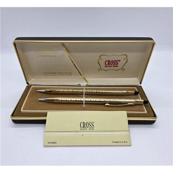 Gold Filled Cross Pen and Automatic Pencil Set in Original Case with Pamphlet - 1/20 14KT Gold Fille