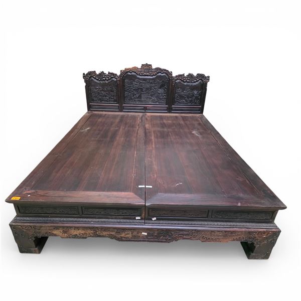 Chinese Hardwood Bed, Approx. H47" (Headboard) x W70" x L82.5"