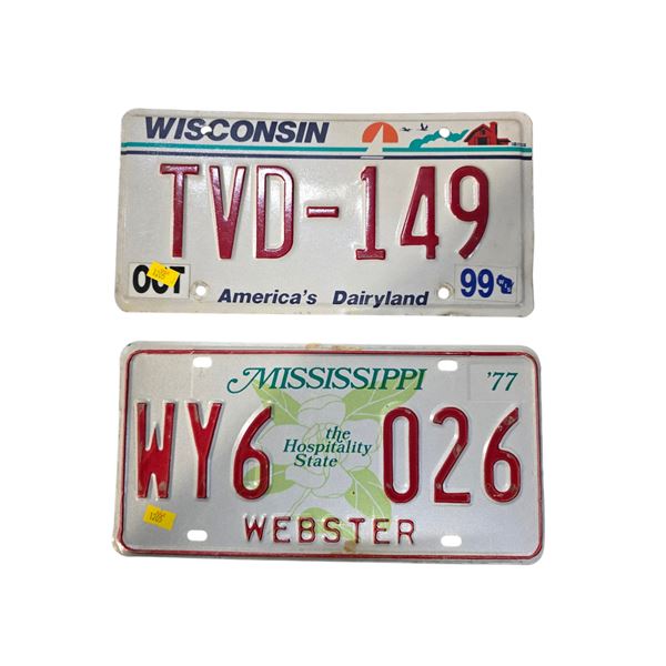2 Vintage License Plates: Mississippi "WY6 026" (1977) and Wisconsin "TVD-149" (1999)