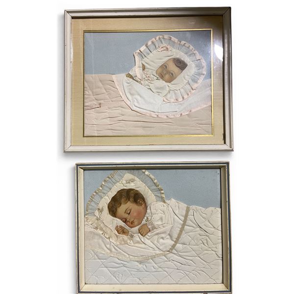 2 Vintage Mixed Media Baby Portraits with Paper, Fabric and Human Hair - 13" x 15" and 11" x 13"