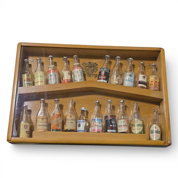 Wood Wall Display Cabinet with 20 Vintage European 1.76 Oz Glass Mini Liquor Bottles (empty)