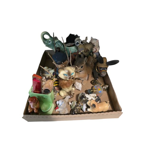 Box Lot of Vintage Figurines - Japanese Cat Statuettes, Mini Dogs, Harmonica, Policeman Bobblehead a