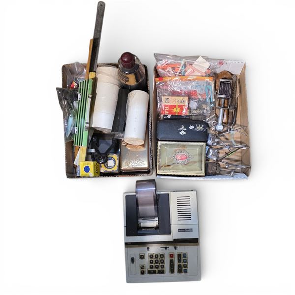 2 Boxes of Vintage Office Supplies & 1 Sharp Electronic Desk Calculator