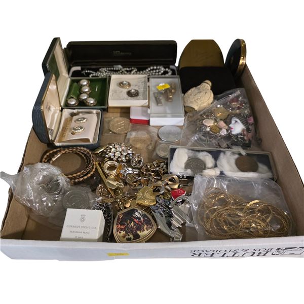 Tray of Jewelry, Cufflinks, Brooches, Medallions and More