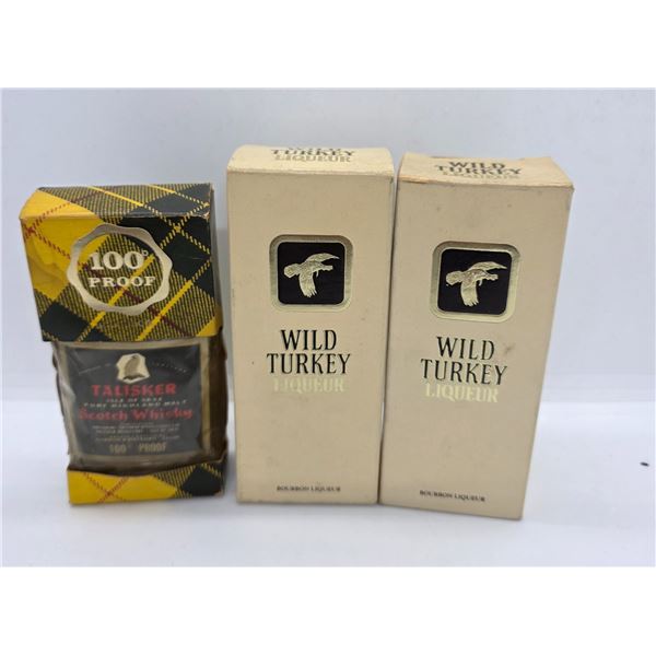 1 Talisker Scotch Whiskey & 2 Wild Turkey Bourbon in Original Boxes - All are full 50ml bottles
