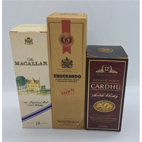 3 Vintage 50ml Single Malt Scotch Whiskeys in Original Boxes - Sealed Macallan, Cardhu and Knockando