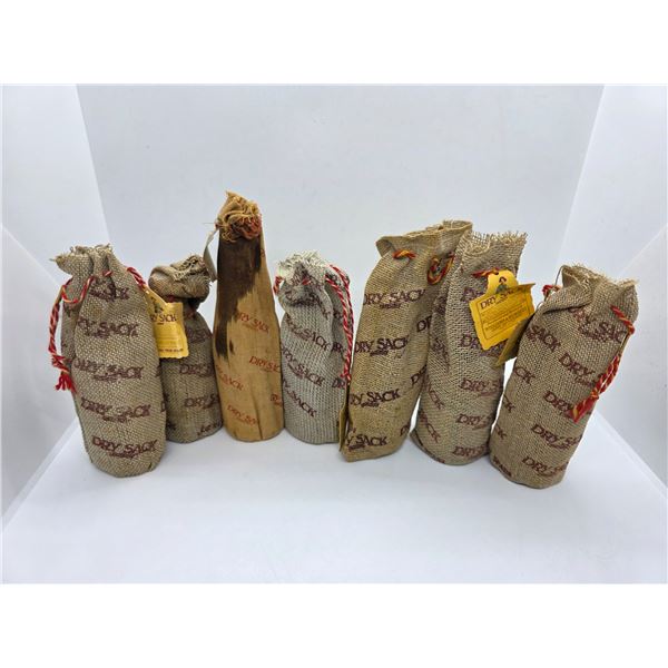 7 Full 2 Oz. Glass Bottles of Dry Sack Sherry with Burlap Bags - Sealed