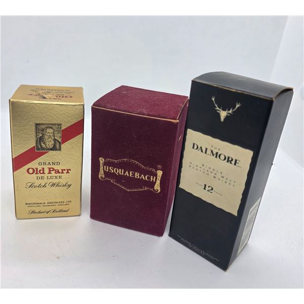 3 Vintage 50ml Scotch Whiskeys in Original Boxes (full) Old Parr, Usquaebach, and Dalmore