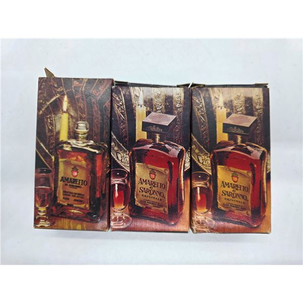 3 Amaretto 50ml Liquor Minis in Original Boxes - 1 full, 1 partially evaporated and 1 empty
