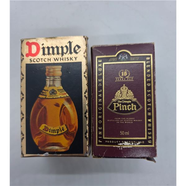 Vintage 50ml Glass Dimple & Pinch Scotch Bottles in Original Boxes - Pinch is empty and Dimple is 1/