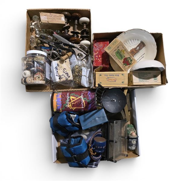 3 Box Lots of Vintage China, Thread Spools, Kitchen Goods  and More