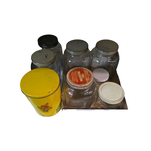Vintage Metal Canister & 7 Large Glass Storage Jars