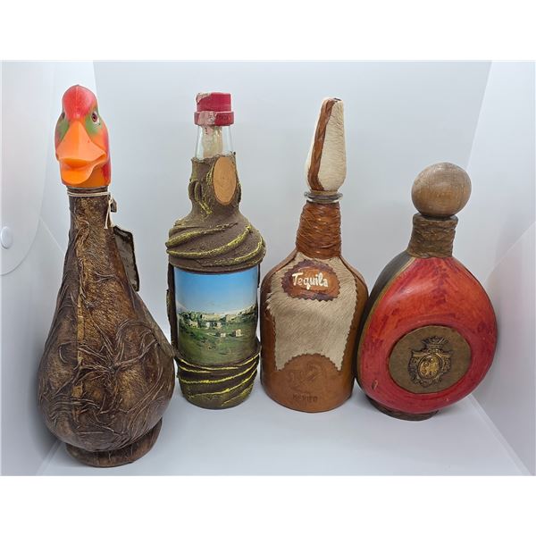 3 Leather Wrapped Vintage Glass Liquor Bottles - 1 Mexican and 2 Italian& 1 Mystery (Duck has a dama