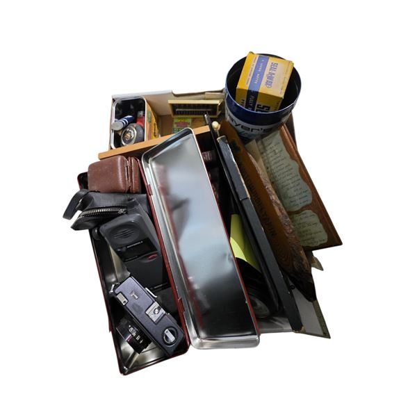 Box Lot of a Variety of Collectible Items - Barometer, Cosina Camera, Tobacco Tin, Cigarette Box and