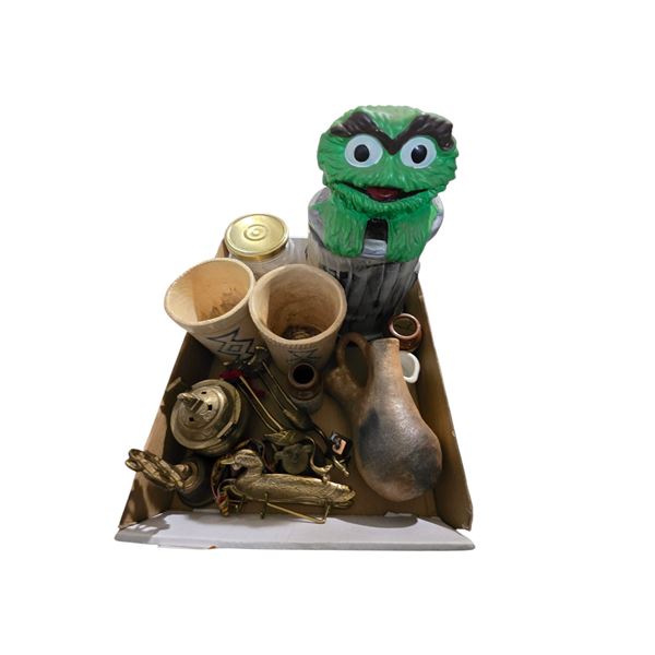Box Lot of a Variety of Collectible Items - Cookie Monster Cookie Jar, Brass Incense Burner, Pottery