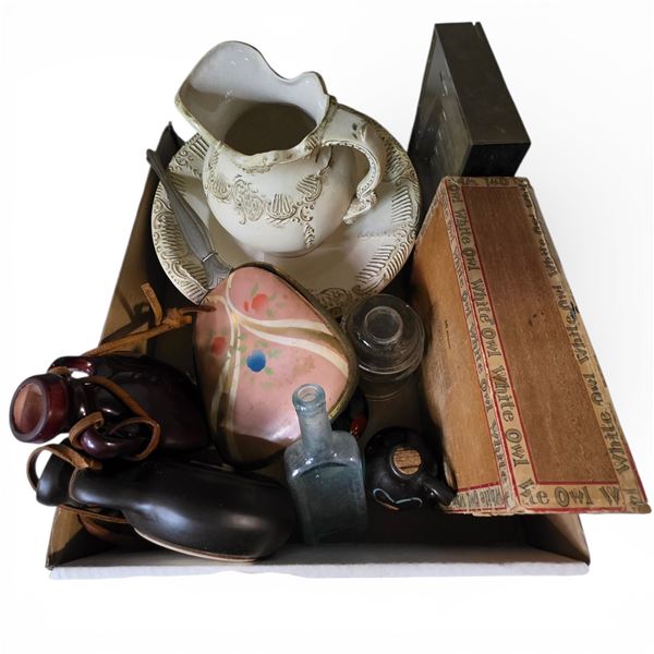 Box Lot of a Variety of Collectible Items - Pottery Neck Flasks, Small Ewer & Basin, Cigar Box, Glas