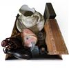 Image 1 : Box Lot of a Variety of Collectible Items - Pottery Neck Flasks, Small Ewer & Basin, Cigar Box, Glas