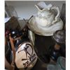 Image 3 : Box Lot of a Variety of Collectible Items - Pottery Neck Flasks, Small Ewer & Basin, Cigar Box, Glas