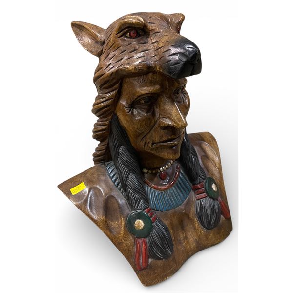 Carved Wooden Native Chief Sculpture, H15" x W12"