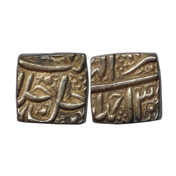 Mughal, Akbar, Silver Square ½ Rupee, Ahmedabad Mint, Ilahi type, Month Tir, Year 3X (KM 66.1)