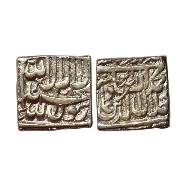 Mughal, Akbar, Silver Square Rupee, bang mint, Alf+ahd, The coin features sword on obverse near kali