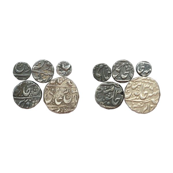 Gwalior State, INO Shah Alam II (AH 1174-1221, 1759-1806 AD), Set of 5 Coins, Silver Rupee, 11.29 gm