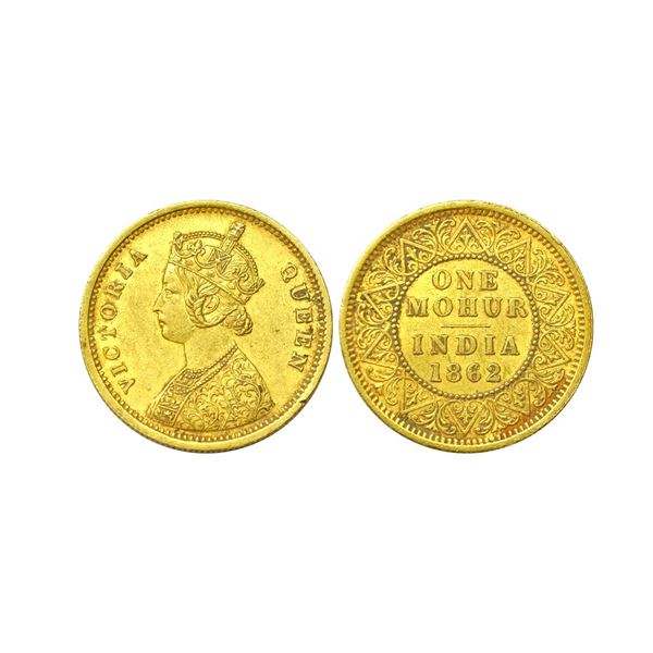 Victoria Queen, 1862, Gold One Mohur, V in Relief, Extremely Fine, Rare.