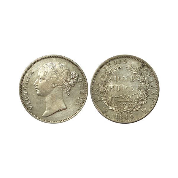 Victoria Queen, DL, Silver Rupee, 1840,  Calcutta/Bombay Mint
