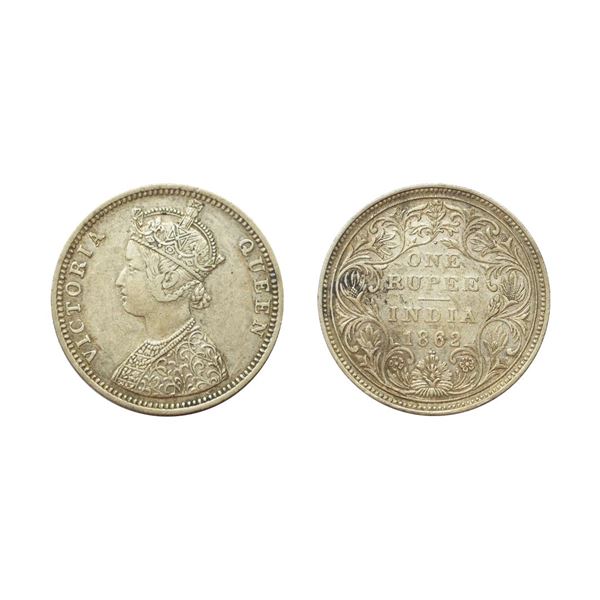 Victoria Queen, Silver Rupee, 1862, Bombay Mint, 1/2 Dots, Obv: C/Rev: II