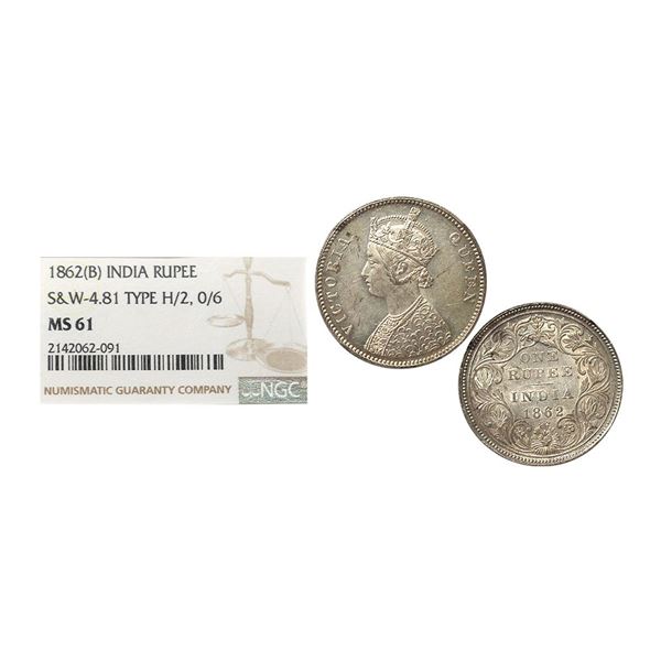 Victoria Queen, Silver Rupee, 1862, A/II, 0/6 dots, Graded by NGC as MS 61