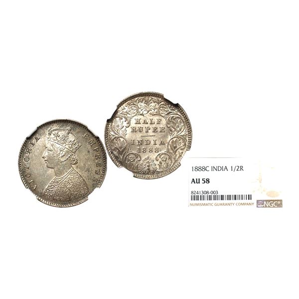 Victoria Empress, Silver 1/2 Rupee, 1888, Calcutta Mint, NGC Graded as AU58, rare.