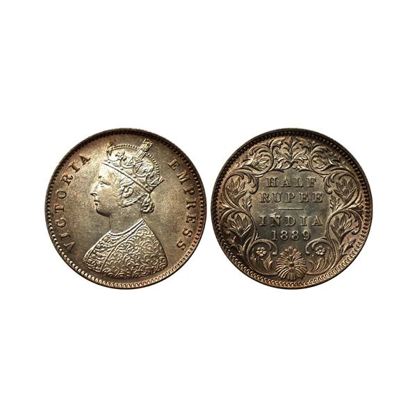 Victoria Empress, Silver 1/2 Rupee, 1889, Calcutta Mint, C incuse, Scarce, Beautiful Toned, About UN