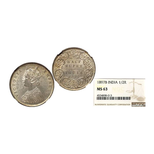 Victoria Empress, Silver 1/2 Rupee, 1897, Bomaby Mint, NGC Graded as MS63, Extremely rare.