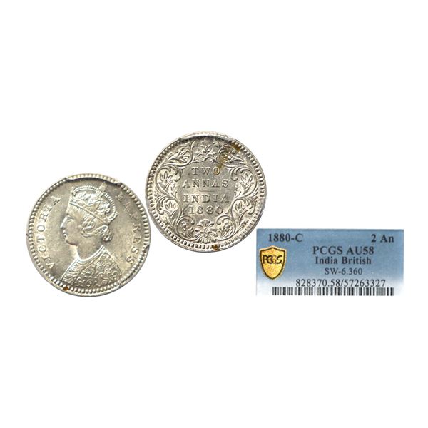 Victoria Empress, Silver 2 Annas, 1880, Calcutta Mint, Extremely Rare, Graded by PCGS AU58.