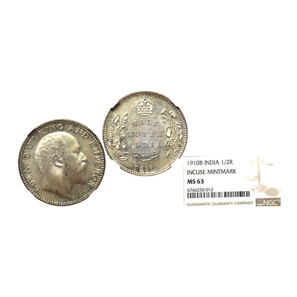 Edward VII, Silver 1/2 Rupee, 1910, Bombay Mint, B Incuse, NGC Graded as MS63, Very rare in grade.