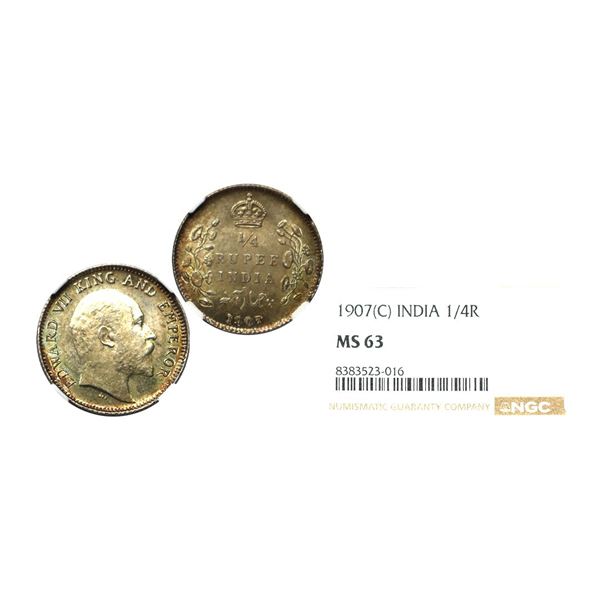 Edward VII King Emperor, Silver 1/4 Rupee, 1907, Calcutta Mint