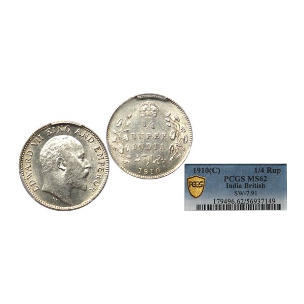 Edward VII, Silver 1/4 Rupee, 1910, Calcutta Mint, PCGS Graded as MS62, Very rare in grade.