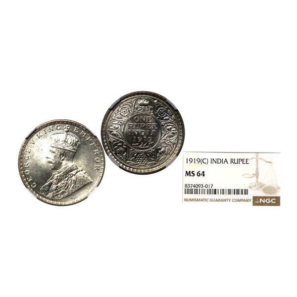 George V King Emperor, Silver Rupee, 1919, Calcutta Mint, NGC Graded as MS64, Rare in Grade.