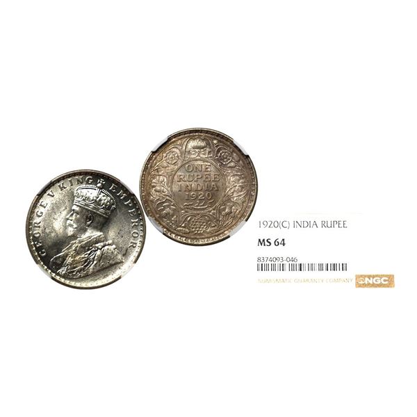 George V King Emperor, Silver Rupee, 1920, Calcutta Mint, NGC Graded as MS64, Rare in Grade.