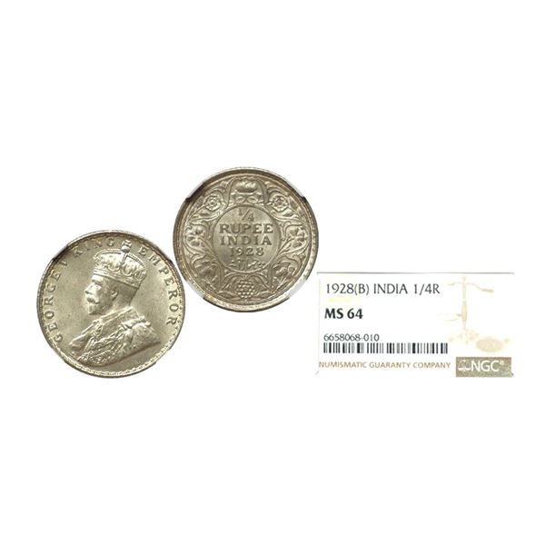 George V King Emperor, Silver 1/4 Rupee, 1928, Bombay Mint