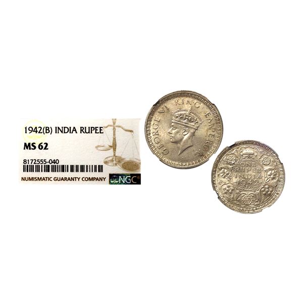 George VI, Silver Rupee, 1942, Bombay mint, graded by NGC as MS 62