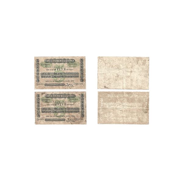 British India, King Edward VII, Uniface 5 Rupees, Set of 2 Notes in consecutive serial number,