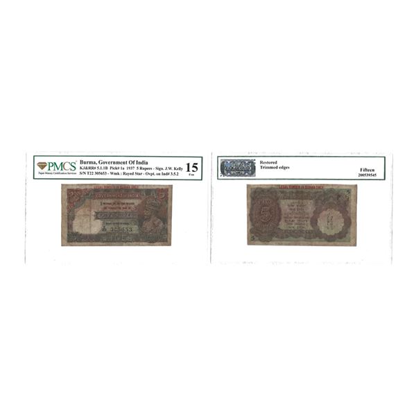 British India, 1937, King George V, 5 Rupees, Signed by J.W. Kelly, Burma Overprint, "LEGAL TENDER I